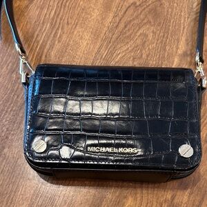Michael Kors Black Croc-Embossed Leather Crossbody with Gold Hardware